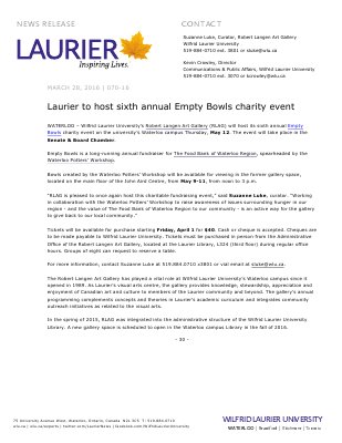 070-2016 : Laurier to host sixth annual Empty Bowls charity event