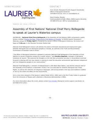 075-2016 : Assembly of First Nations’ National Chief Perry Bellegarde to speak at Laurier’s Waterloo campus