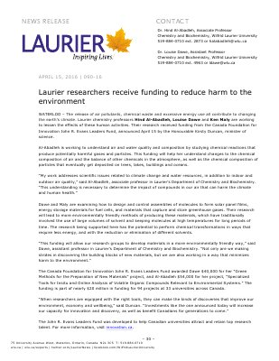 090-2016 : Laurier researchers receive funding to reduce harm to the environment