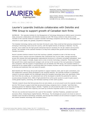 092-2016 : Laurier’s Lazaridis Institute collaborates with Deloitte and TMX Group to support growth of Canadian tech firms