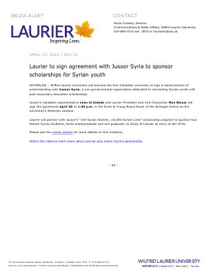 093-2016 : Laurier to sign agreement with Jusoor Syria to sponsor scholarships for Syrian youth