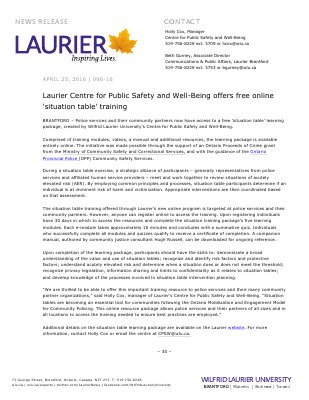 096-2016 : Laurier Centre for Public Safety and Well-Being offers free online ‘situation table’ training