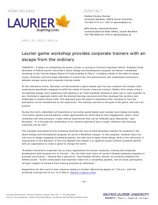 098-2016 : Laurier game workshop provides corporate trainers with an escape from the ordinary
