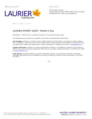 101-2016 : LAURIER EXPERT ALERT: Mother’s Day