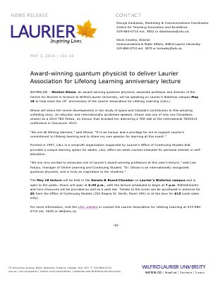 102-2016 : Award-winning quantum physicist to deliver Laurier Association for Lifelong Learning anniversary lecture