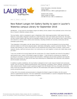 103-2016 : New Robert Langen Art Gallery facility to open in Laurier’s Waterloo campus Library for September 2016