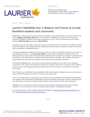 106-2016 : Laurier’s battlefield tour in Belgium and France to include Brantford students and community