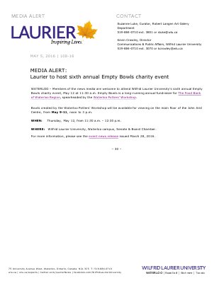 108-2016 : MEDIA ALERT: Laurier to host sixth annual Empty Bowls charity event