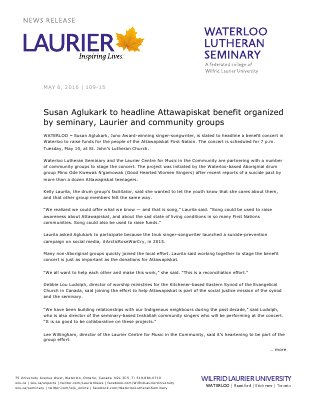 109-2016 : Susan Aglukark to headline Attawapiskat benefit organized by seminary, Laurier and community groups