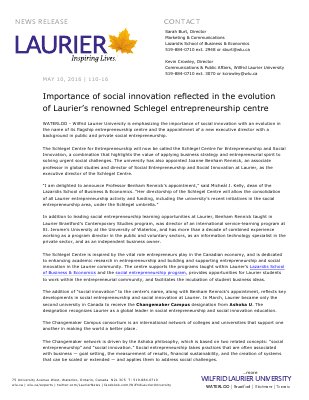 110-2016 : Importance of social innovation reflected in the evolution of Laurier’s renowned Schlegel entrepreneurship centre