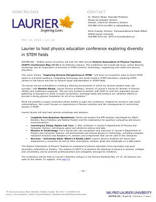 111-2016 : Laurier to host physics education conference exploring diversity in STEM fields