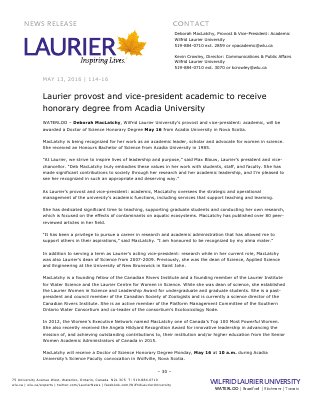 114-2016 : Laurier provost and vice-president academic to receive honorary degree from Acadia University