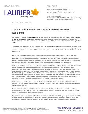 115-2016 : Ashley Little named 2017 Edna Staebler Writer in Residence