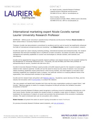 117-2016 : International marketing expert Nicole Coviello named Laurier University Research Professor