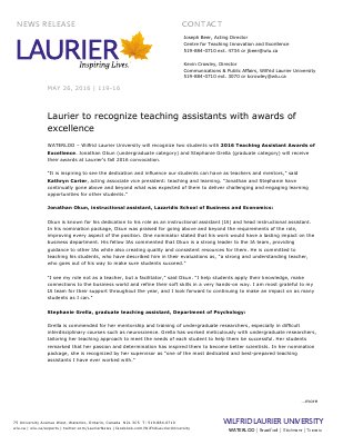 119-2016 : Laurier to recognize teaching assistants with awards of excellence