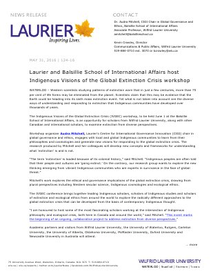 124-2016 : Laurier and Balsillie School of International Affairs host Indigenous Visions of the Global Extinction Crisis workshop