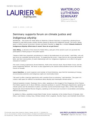 129-2016 : Seminary supports forum on climate justice and  Indigenous allyship