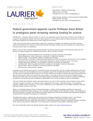 132-2016 : Federal government appoints Laurier Professor Anne Wilson to prestigious panel reviewing national funding for science