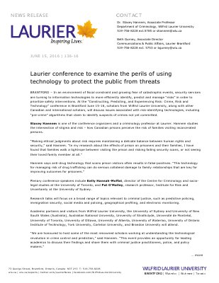 136-2016 : Laurier conference to examine the perils of using technology to protect the public from threats
