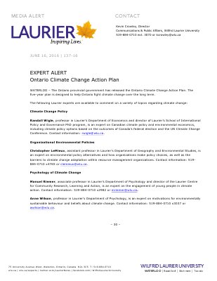 137-2016 : EXPERT ALERT: Ontario Climate Change Action Plan