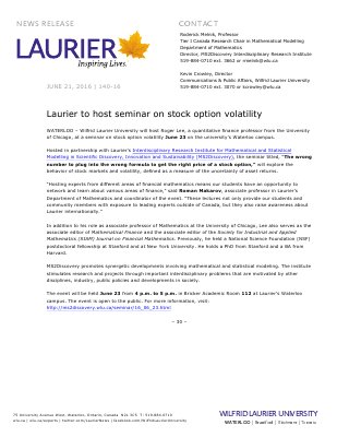 140-2016 : Laurier to host seminar on stock option volatility