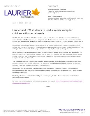 144-2016 : Laurier and UW students to lead summer camp for children with special needs