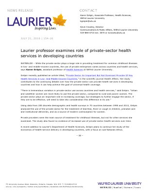 154-2016 : Laurier professor examines role of private-sector health services in developing countries