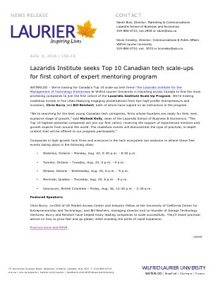 156-2016 : Lazaridis Institute seeks Top 10 Canadian tech scale-ups for first cohort of expert mentoring program