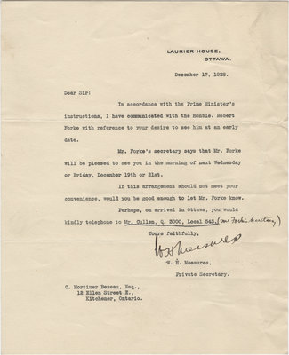 Letter from W. H. Measures to C. Mortimer Bezeau, December 17, 1928