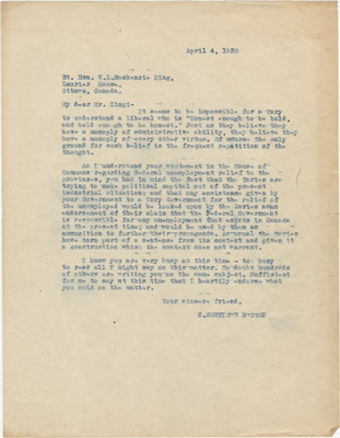 Letter from C. Mortimer Bezeau to William Lyon Mackenzie King, April 4, 1930