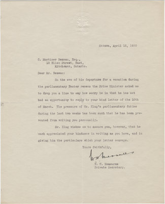 Letter from W. H. Measures to C. Mortimer Bezeau, April 12, 1930