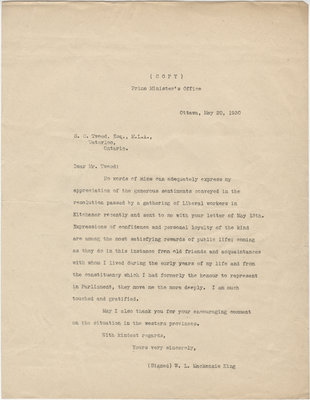 Letter from William Lyon Mackenzie King to S. C. Tweed, May 20, 1930