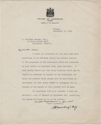 Letter from William Lyon Mackenzie King to C. Mortimer Bezeau, September 13, 1930