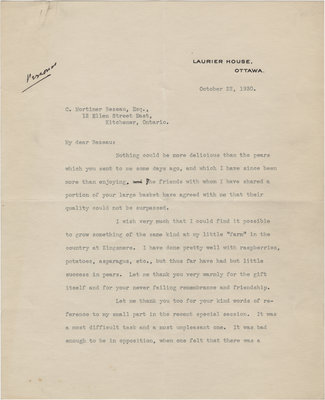 Letter from William Lyon Mackenzie King to C. Mortimer Bezeau, October 22, 1930