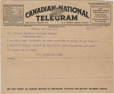 Telegram from William Lyon Mackenzie King to C. Mortimer Bezeau, December 5, 1930