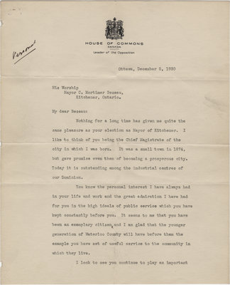 Letter from William Lyon Mackenzie King to C. Mortimer Bezeau, December 5, 1930