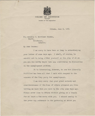 Letter from William Lyon Mackenzie King to C. Mortimer Bezeau, June 5, 1931