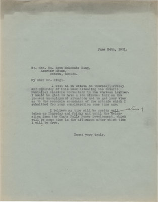 Letter from C. Mortimer Bezeau to William Lyon Mackenzie King , June 24, 1931