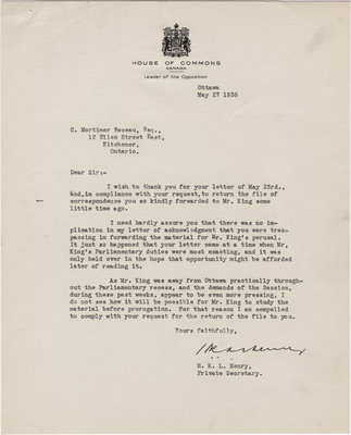 Letter from H. R. L. Henry to C. Mortimer Bezeau, May 27, 1935