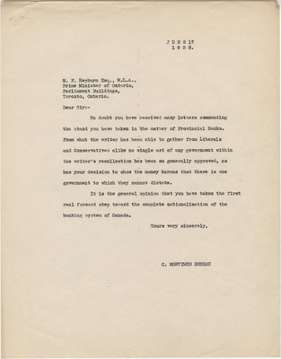 Letter from C. Mortimer Bezeau to M. F. Hepburn June 17, 1935