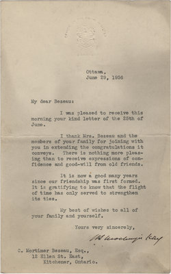 Letter from William Lyon Mackenzie King to C. Mortimer Bezeau, June 29, 1936