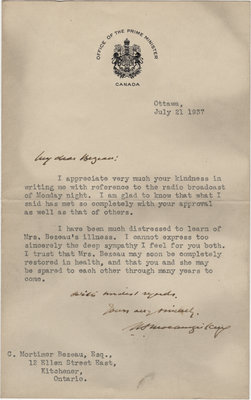 Letter from William Lyon Mackenzie King to C. Mortimer Bezeau, July 21, 1937