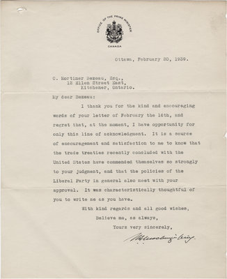 Letter from William Lyon Mackenzie King to C. Mortimer Bezeau, February 20, 1939