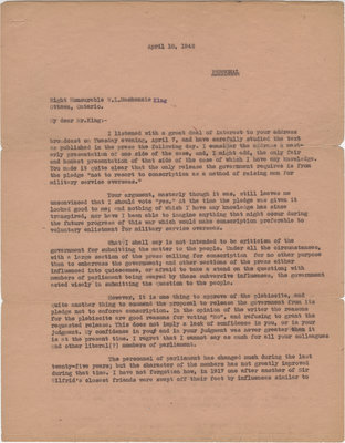 Letter from C. Mortimer Bezeau to William Lyon Mackenzie King, April 18, 1942