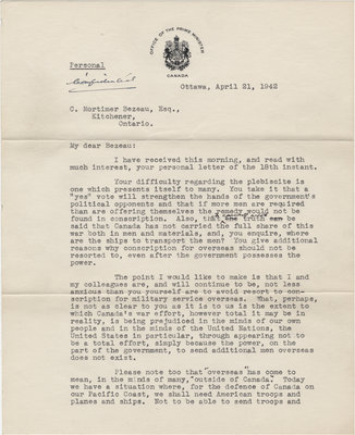 Letter from William Lyon Mackenzie King to C. Mortimer Bezeau, April 21, 1942