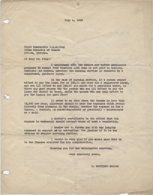 Letter from C. Mortimer Bezeau to William Lyon Mackenzie King, July 4, 1942