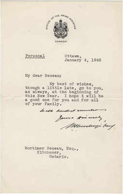 Letter from William Lyon Mackenzie King to C. Mortimer Bezeau, January 4, 1943