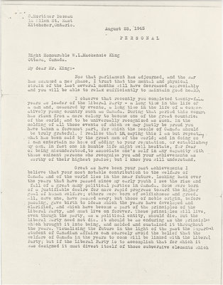 Letter from C. Mortimer Bezeau to William Lyon Mackenzie King, August 28, 1943