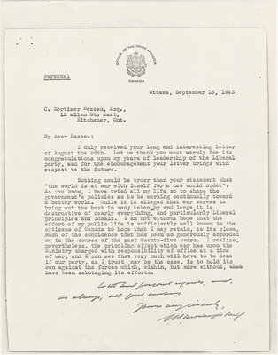 Letter from William Lyon Mackenzie King to C. Mortimer Bezeau, September 13, 1943