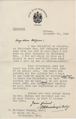 Letter from William Lyon Mackenzie King to C. Mortimer Bezeau, December 28, 1944